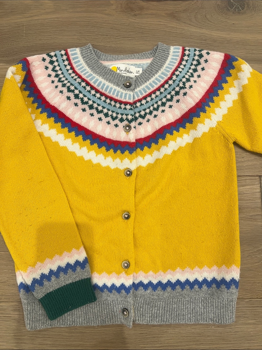 Mini Boden Girls Yellow Patterned Fair Isle Cardigan Sweater